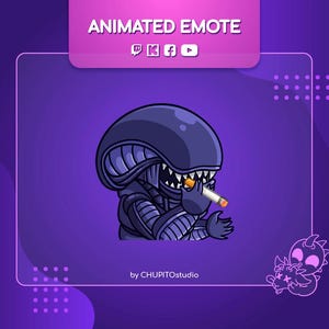 May include: Animated emote of a cartoon alien smoking a cigarette. The alien is blue and has a large head with a mouth full of sharp teeth. The alien is wearing a dark blue suit with a white collar. The background is a purple gradient.