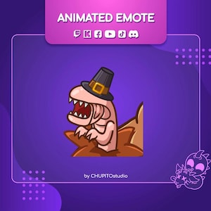 May include: Animated emote featuring a cartoonish creature wearing a black pilgrim hat with a gold buckle. The creature has a pink body, open mouth with sharp teeth, and is set against a brown and purple background. The text "ANIMATED EMOTE" is at the top.