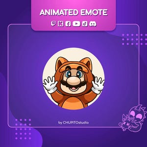 Może przedstawiać: Animowany emotka przedstawiająca postać z kreskówki ubraną w brązowo-pomarańczowy kostium lisa z wąsem i zaskoczonym wyrazem twarzy. Postać macha obiema rękami. Tło jest fioletowe z białą ramką, a na górze znajduje się napis "ANIMATED EMOTE" w kolorze różowym. Na dole znajduje się napis "by CHUPITOstudio".