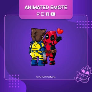 Könnte beinhalten: Animiertes Emoji mit einem gelben und blauen Wolverine-Charakter mit braunen Haaren und einem roten und schwarzen Deadpool-Charakter mit einem roten Herzen darüber. Der Text "ANIMATED EMOTE" befindet sich oben im Bild.