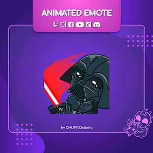 May include: Animated emote featuring a cartoon Darth Vader holding a red lightsaber. The background is a purple gradient with a red and white stripe.