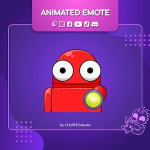 Może przedstawiać: Czerwona animowana postać emotki z dużymi białymi oczami i żółtą kulą. Obraz zawiera tekst "ANIMATED EMOTE" i ikony mediów społecznościowych. Tło jest fioletowe z dekoracyjną obwódką i kreskówkowym smokiem.