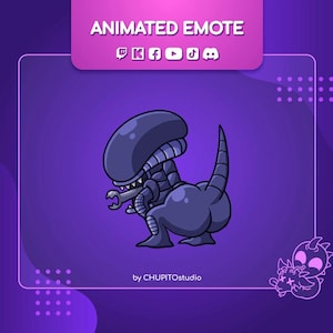 May include: Animated emote of a cartoon alien in grey and purple hues. The alien has a large head, sharp teeth, and a long tail. The text "ANIMATED EMOTE" is at the top, with social media icons. The artist's name is at the bottom.