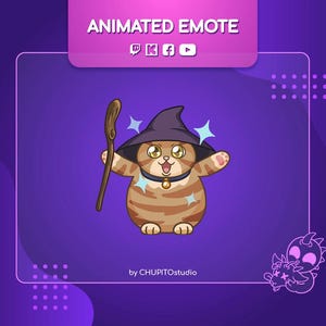 May include: Animated emote of a brown and white cat wearing a purple witch hat and holding a brown wand. The cat is surrounded by sparkles and has a blue collar with a gold bell.