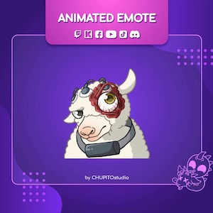 May include: An animated emote featuring a sheep with a large, bloodshot eye and a gray strap around its neck. The text "ANIMATED EMOTE" is at the top, with social media icons. The artist's name, "by CHUPITOstudio," is at the bottom.