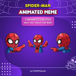 Pode incluir: Três emotes digitais animados com um personagem vermelho e azul com padrão de teia de aranha. O texto diz SPIDER-MAN ANIMATED MEME, 3 ANIMATED EMOTES, Twitch - Kick - Discord CHAT READY, e by CHUPITOstudio. O personagem é mostrado apontando.