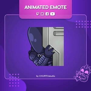May include: Animated emote of a purple alien-like creature peeking out from behind a grey door. The creature has a black helmet and a striped body. The emote is designed for use on Twitch, YouTube, and other social media platforms.