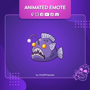 Puede incluir: Emote animado de pez pescador morado con ojos grandes y dientes afilados. El pez tiene un señuelo brillante en la cabeza. El emote está sobre un fondo morado con un borde blanco.