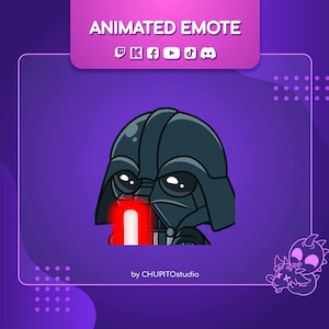 Könnte beinhalten: Animierter Emote von Darth Vader mit rotem Lichtschwert, vor violettem Hintergrund. Der Text "ANIMATED EMOTE" steht oben, mit Social-Media-Symbolen. Der Künstlername "by CHUPITOstudio" steht unten.