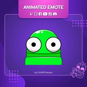 Może przedstawiać: Animowany zielony emotikon stworzenia z dużymi białymi oczami i zielonym kapeluszem. Emotikon znajduje się na fioletowym tle z białą ramką i tekstem "ANIMATED EMOTE" w kolorze różowym u góry.