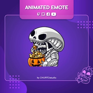 May include: Animated Halloween emote featuring a white skeleton wearing a white and gray costume, holding a jack-o-lantern filled with candy. The skeleton is smiling and has a large, toothy grin. The emote is set against a purple background with white polka dots.