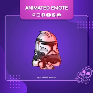 May include: Animated emote of a white and red cartoon clone trooper holding a blaster rifle. The emote is set against a purple background with a white border.