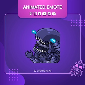 May include: Animated emote featuring a cartoon Xenomorph with a menacing grin and sharp teeth. The alien is dark gray with blue accents, set against a purple background. The text "ANIMATED EMOTE" is at the top, with social media icons.