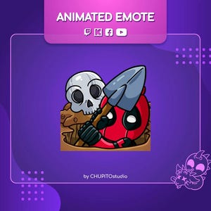 以下が含まれることがあります： 赤い黒のデッドプールキャラクターがシャベルを持って白い頭蓋骨を掘り起こしているアニメーションエモート。背景は茶色の土の盛り上がりです。