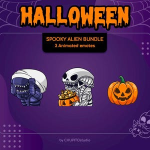 May include: A digital graphic set titled HALLOWEEN SPOOKY ALIEN BUNDLE 3 Animated emotes by CHUPITOstudio. It features three cartoon illustrations: a dark blue alien wearing a white head wrap, a grey alien holding a pumpkin filled with popcorn, and an orange jack-o'-lantern.
