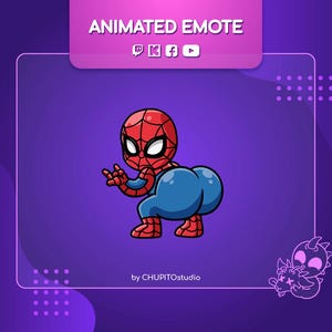 Peut inclure: Émoticône animé d'un super-héros de dessin animé rouge et bleu avec un masque rouge et noir, faisant un geste de rock and roll.