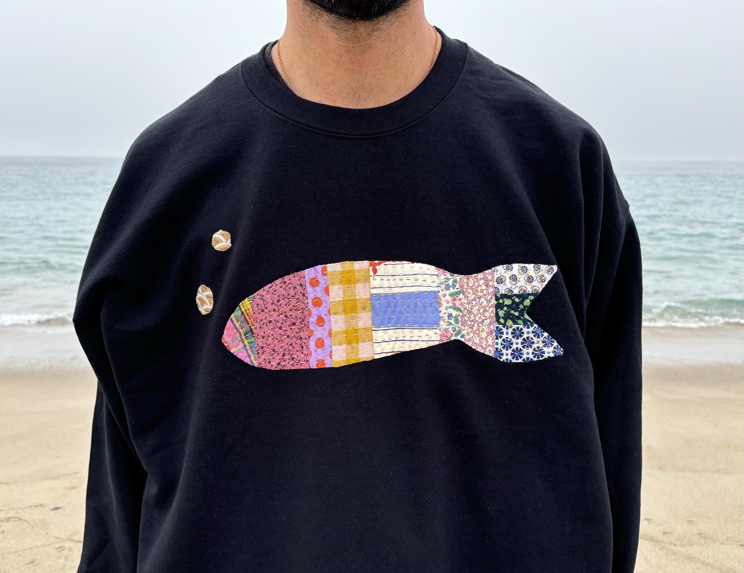 Fish Sweatshirt, Hand Quilted Patchwork Applique - Etsy