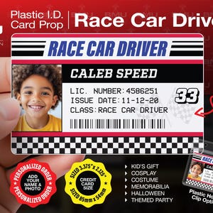 Kids&#39; Racing License - Personalized Prop ID for Pretend Play or Fun Gift - 3.375” x 2.125” Plastic Card with Bonus Printable PDF