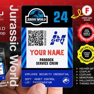 Jurassic World Employee ID - Personalized Dino Badge - Optional Badge Holder - Gift - Jurassic World fans - 3.375” x 2.125” Plastic Card