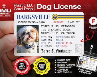May include: A plastic dog license card prop with a photo of a Shih Tzu dog. The card is red, white, and blue with the text "BARKSVILLE LICENSE TO DIG & BARK" and "Dog License". The card also includes the dog's name, breed, and other information.