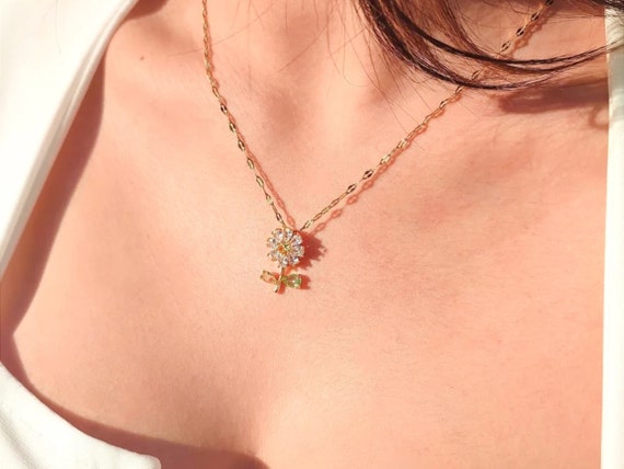 316L Stainless Steel Zircon Stone Daisy Necklace for Women's