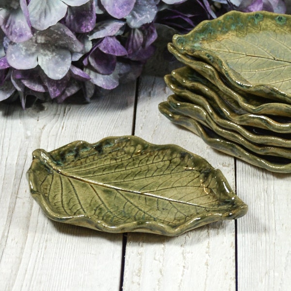 Medium Leaf Spoon Rest, Tea Bag Rest, Green Leaf Dish, Ring Dish, Handmade Pottery