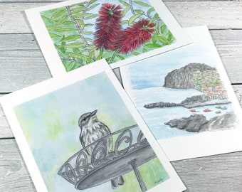 Art Print Set of Bird, Flower, Madeira Landscape, Watercolor 5x7  Postcard, Blank Note Card, Gift Set