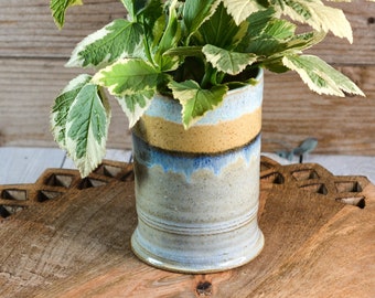 Handmade Stoneware Vase, Paintbrush Holder, Ceramic Flower Vase, Light Blue, Coastal Beach Vibe, Small Utensil Holder