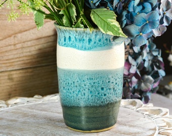 Coastal Blue & White Vase, Handmade Ceramic Flower Vase, Teal