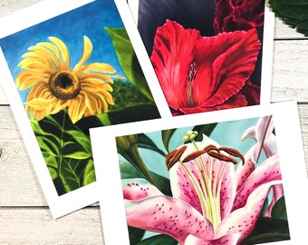 Botanical Art Print Set of Lily, Sunflower, Gladiolus, 5x7 Postcards from Oil Painting, Blank Note Card