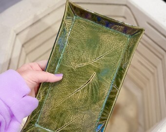 Green Tray, Leaf Design, Serving Tray, Vanity Tray, Melody MudWorks Handmade Pottery