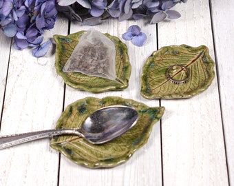 Set of 3 Little Leaves, Spoon Rest, Tea Bag Rest, Ring Dish, Handmade Pottery by Melody MudWorks