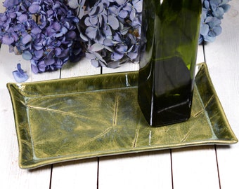 Green Tray, Leaf Design, Serving Tray, Vanity Tray, Melody MudWorks Handmade Pottery