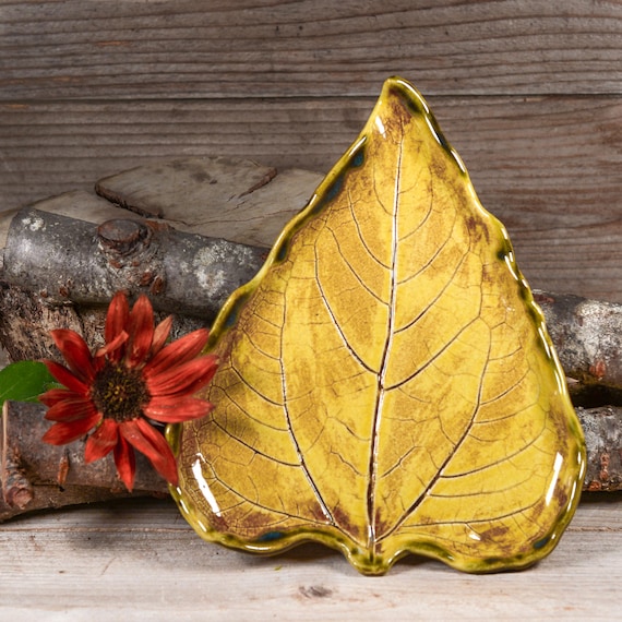 Golden Yellow Leaf Plate, Sunflower Leaf Dish, Rustic Decor, Melody MudWorks Handmade Pottery