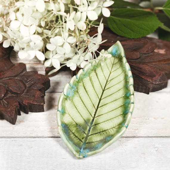 Handmade Ceramic Leaf Dish: Green Pottery Spoon Rest, Tea Bag Rest, Ring Dish