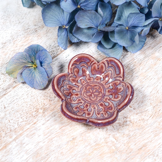 Ring Holder, Spoon Rest, Purple Flower Pill Dish, Melody MudWorks Handmade Pottery