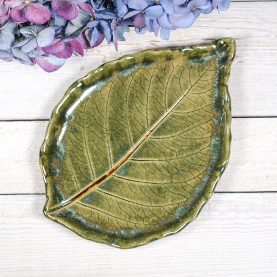 XL Spoon Rest, Leaf Plate, Small Platter, Appetizer Plate, Dessert Dish, Green Handmade Pottery