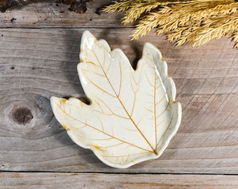 Ivory Spoon Rest Maple Leaf, Golden Yellow Veins, Ceramic, Tea Bag Rest, Handmade Pottery