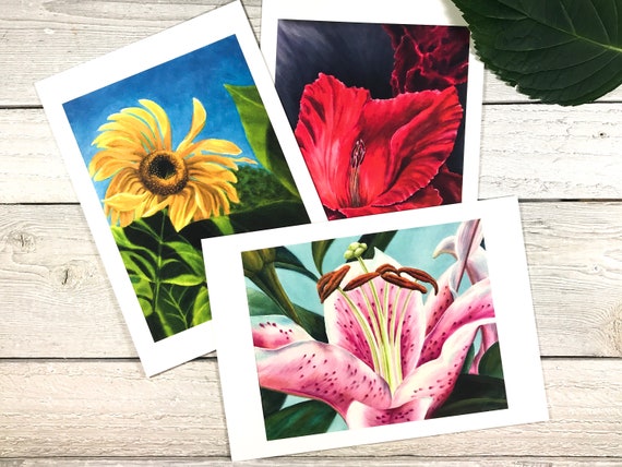 Postcard, Flower Print, Botanical Art Print Set, Lily, Sunflower, Gladiolus, 5x7 Blank Note Card