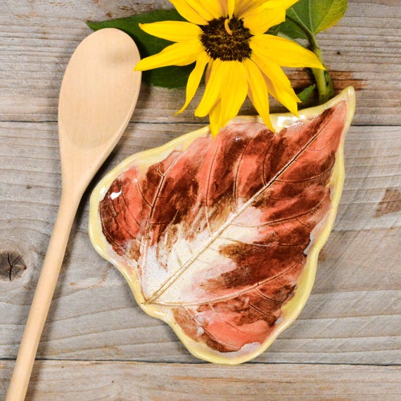 Fall Spoon Rest, Sunflower Leaf Dish, Utensil Holder, Orange & Ivory Plate, Handmade Pottery