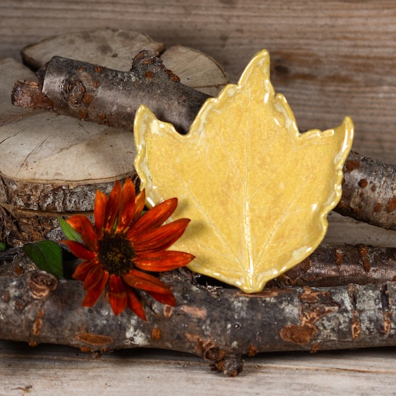 Yellow Spoon Rest, Maple Leaf Tea Bag Holder, Unique Handmade Pottery