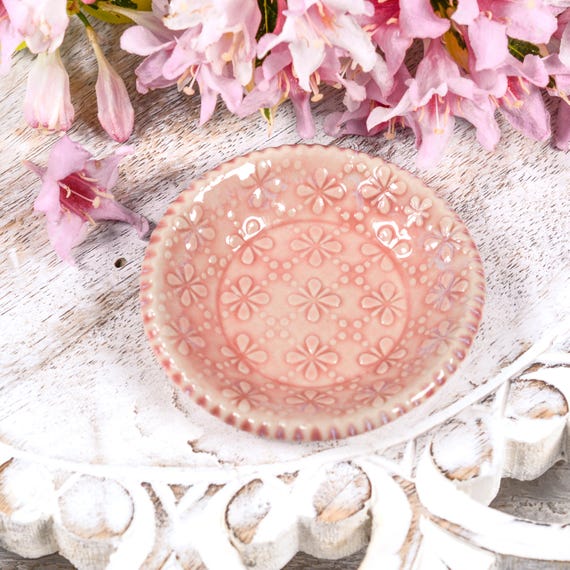 Mini Flower Bowl, Ring Holder, Pill Dish, Trinket Dish, Tea Bag Rest, Peach Coral