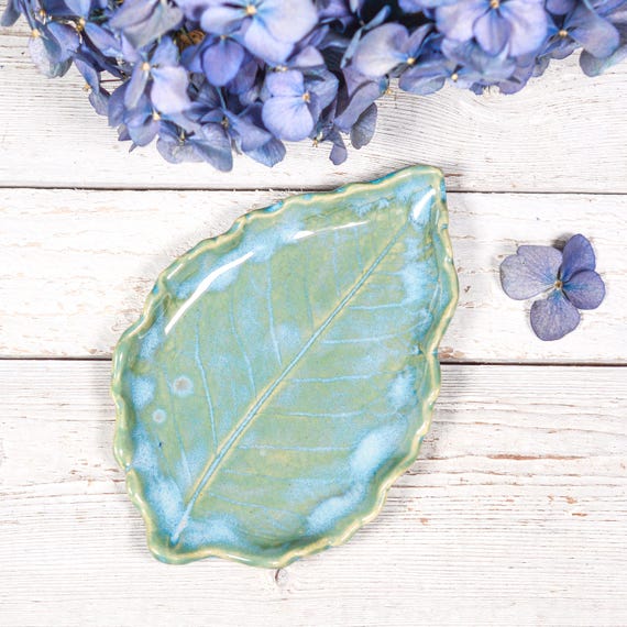 Dahlia Leaf, Blue Spoon Rest, Tea Bag Rest, Aqua Handmade Pottery