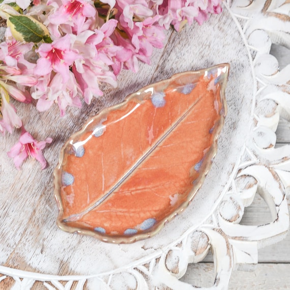 Dahlia Leaf Spoon Rest, Tea Bag Rest, Utensil Holder, Orange Handmade Pottery
