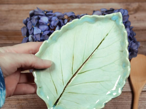 Handmade Leaf Dish, Aqua Blue Pottery, Large Spoon Rest: Snack Hors d’oeuvres Plate,