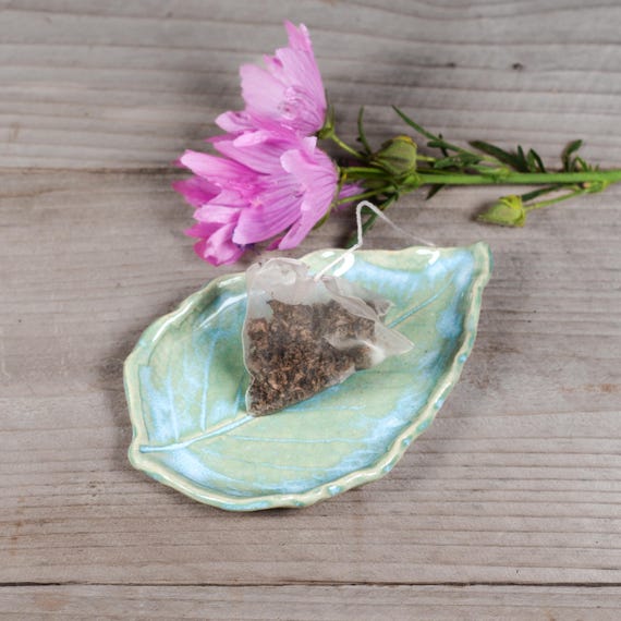 Aqua Blue Dahlia Leaf, Tea Bag Rest, Ring Dish, Small Spoon Rest, Handmade Pottery