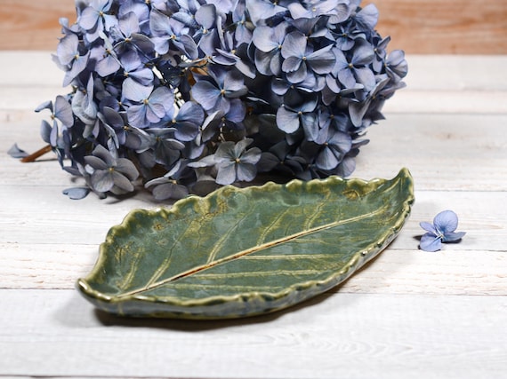Dahlia Leaf Dish, Green Tray, Ceramic Plate, Handmade Pottery by Melody MudWorks