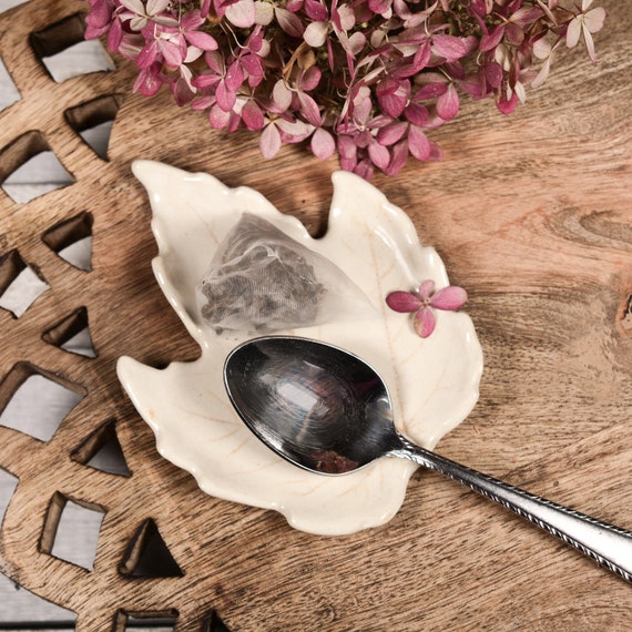 Handmade Pottery Maple Leaf Dish: Ivory Spoon Rest, Ring Dish