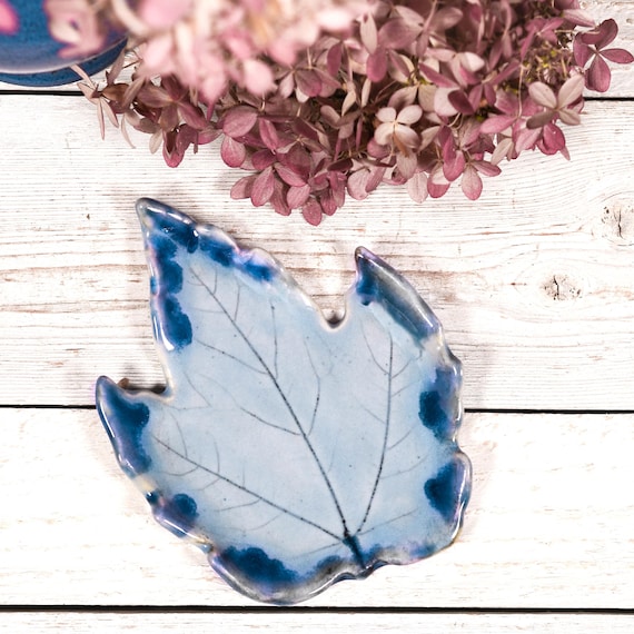 Blue Spoon Rest, Tea Bag Holder, Maple Leaf, Handmade Pottery