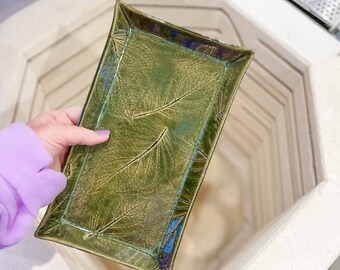 Green Tray, Leaf Design, Serving Tray, Vanity Tray, Melody MudWorks Handmade Pottery